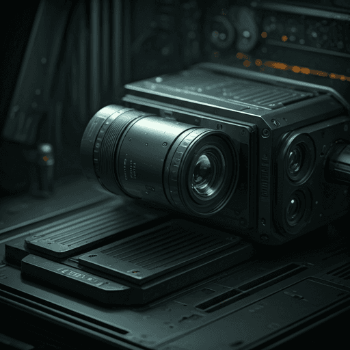 A hyper-detailed close-up photograph of high-end optical sensors and glass hardware inside a futuristic laboratory